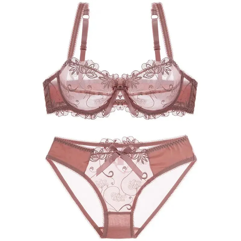 Conjunto de Sujetador de encaje de malla transparente para mujer, lencería Sexy, reductor fino, busto grande, lazo, deseo puro, ropa interior 34-40 BC