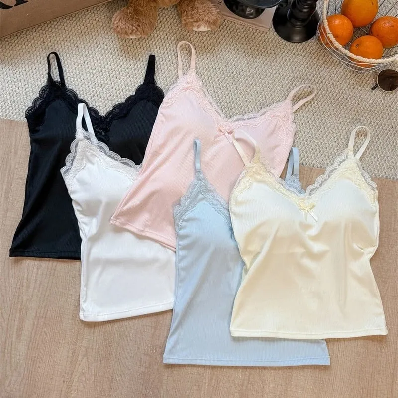 Spaghetti Strap Camis 2026 Summer Lace Ribbed Women Tank Top With Built In Bra Pads Slim Fit Crop Top For Inner & Outer Wear