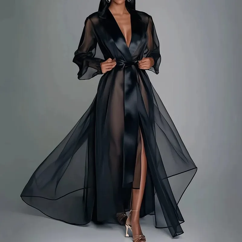 Durchsichtiges Organza-Maxikleid mit langen Ärmeln und Schnürung, Sommer-Reverskragen, modische Brautroben, solides Partykleid für Damen
