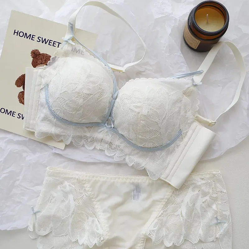 Thin Cup Full Lace Lingerie Set 32-38 AB French Wireless Bra Lift Anti Sag Push Up Design for Small Bust Sensual Ladies