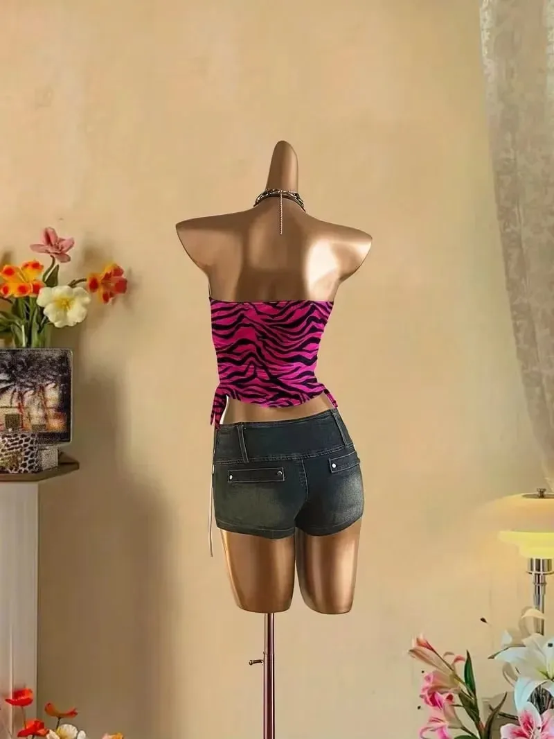 Cropped Top Women's Summer Vacation Pleated Lace Up Leopard Print Vest Sleeveless Zebra Print Top Pink Zebra Print Top