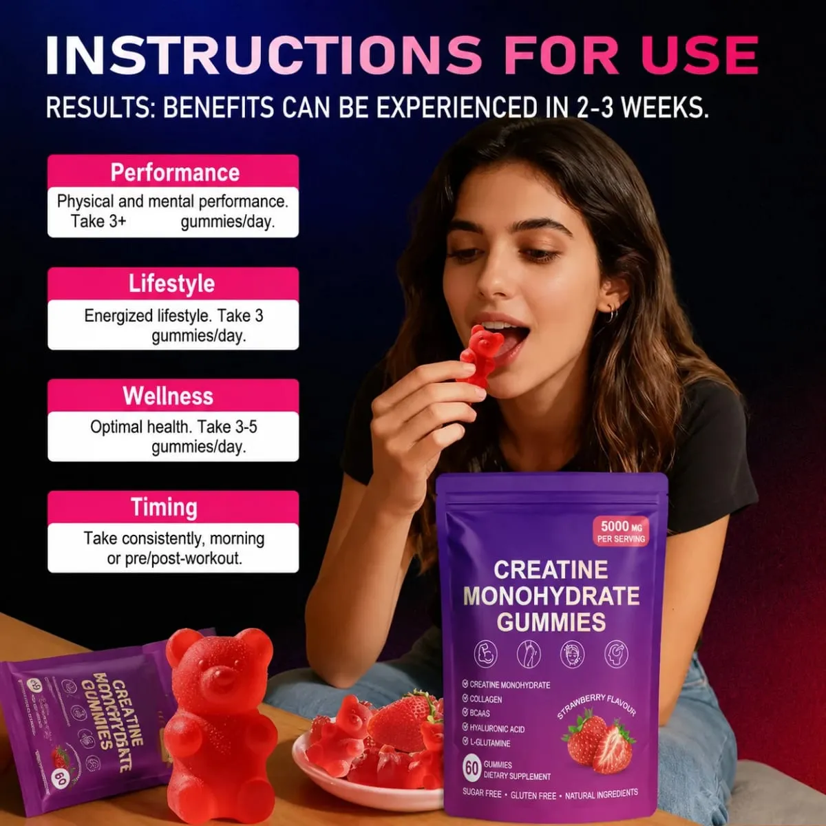 Creatine Gummies with Collagen BCAA Hyaluronic Acid Vitamin D3 Zinc Fitness Supplement for Active Adults Workout Support Sugar — image 3