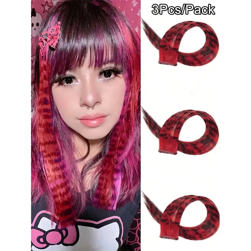 3Pcs Leopard Print Hair Extensions Synthetic Stripe Printed Hair Piece Colorful Long Straight Clip In Hair For Women Girls Party