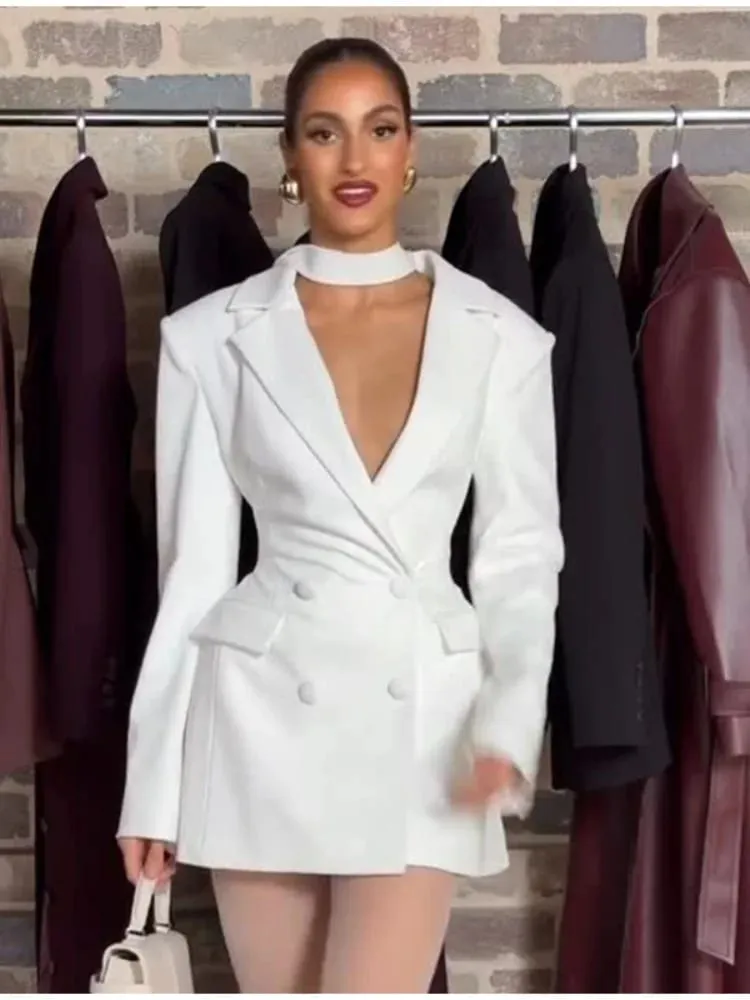 Chic Waist Cinching Mini Dress Women Elegant Full Sleeve Deep V-neck Double Breasted Short Dresses Lady Daily Party Street Gowns