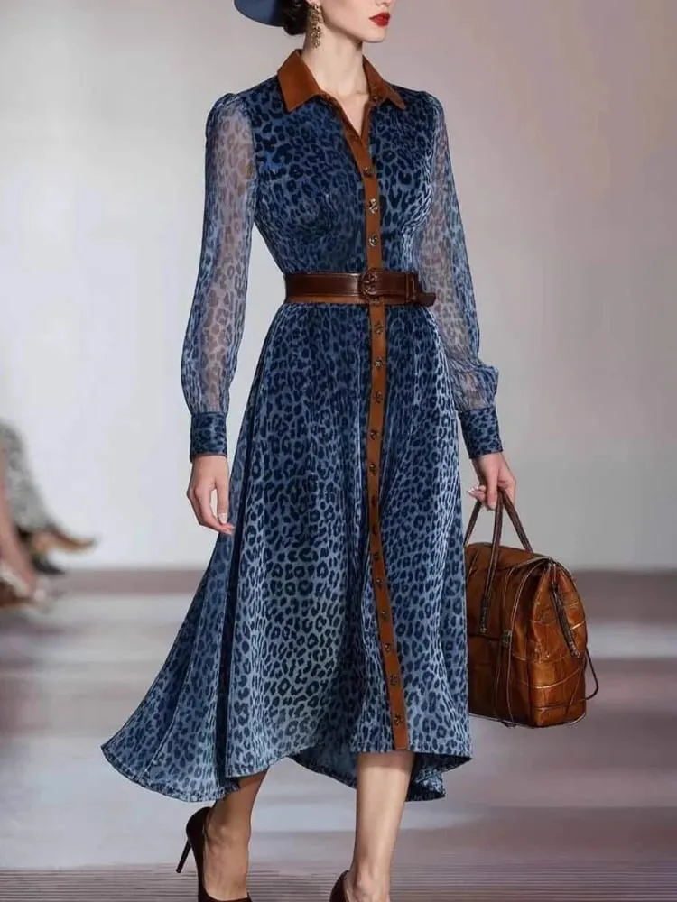 Women Elegant Dress Leopard Printed Mesh Dress Colorblock Lapel Collar Single Breasted Vintage Chic Long Sleeve Dress — image 5