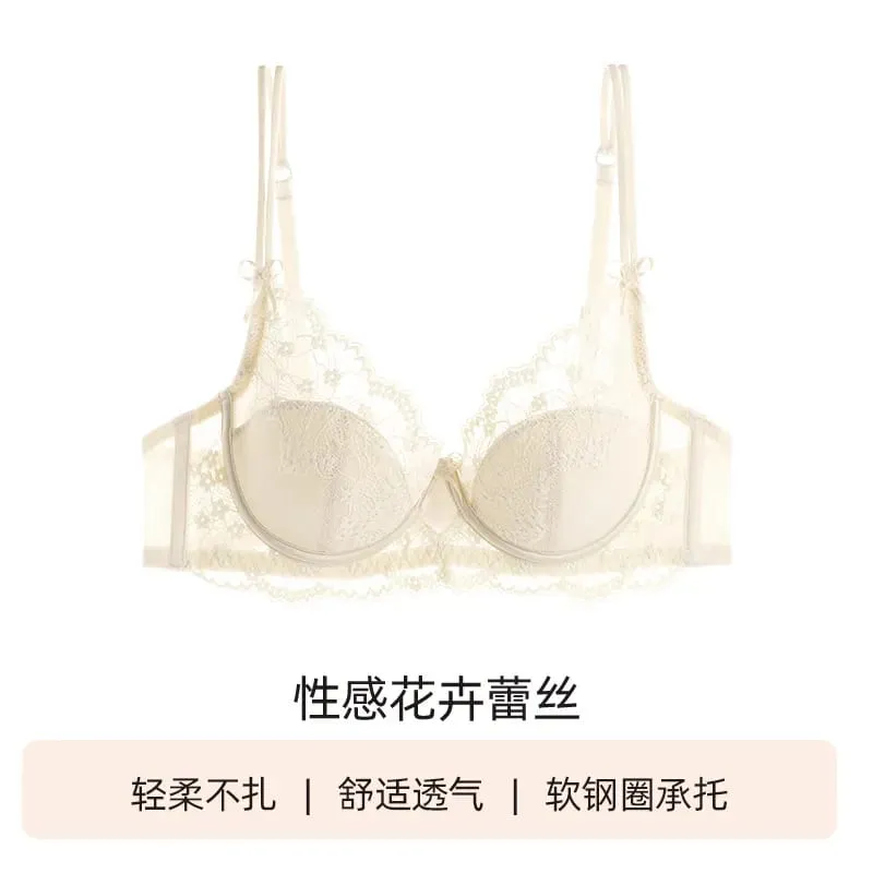 Women Pink Lace Full‑Cup Thin Minimizer Bra Set Push‑Up Anti‑Sag Support Lingerie Intimates For Large Breast Ladies Casual Daily