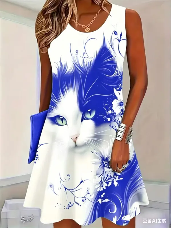 2026 New Fashion Cat Pattern Women Mini Dresses Summer Sleeveless 3D Printed Street Hip Hop Ladies Dress 3XL Plus Size Dress — image 2