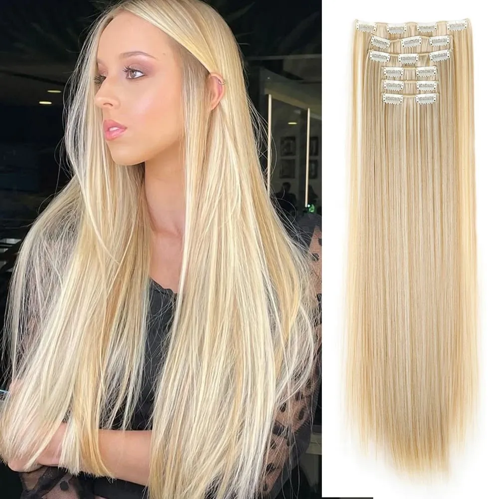Black Hair Extensions 24"/60cm 6pcs/set Women Long Straight Synthetic Full Head Clip 16 Clips Ombre Heat Resistant Fiber Hair