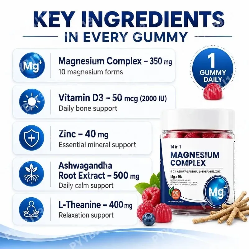 Googeer DeepCalm Magnesium Complex Gummies per il supporto della calma serale con vitamina D3 Zinco Ashwagandha L-teanina 90 caramelle gommose