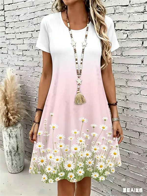 Short Sleeve Floral Pattern Women Mini Dresses Summer 3D Flower Printed Ladies Street Dress 3XL Plus Size Loose Casual Dress