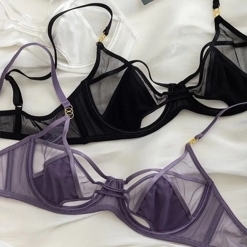 Set Sutiã E Calcinha Rendado Sem Espuma Aro Flexível Push Up Transparente Estilo Dark Academia Sensual E Elegante