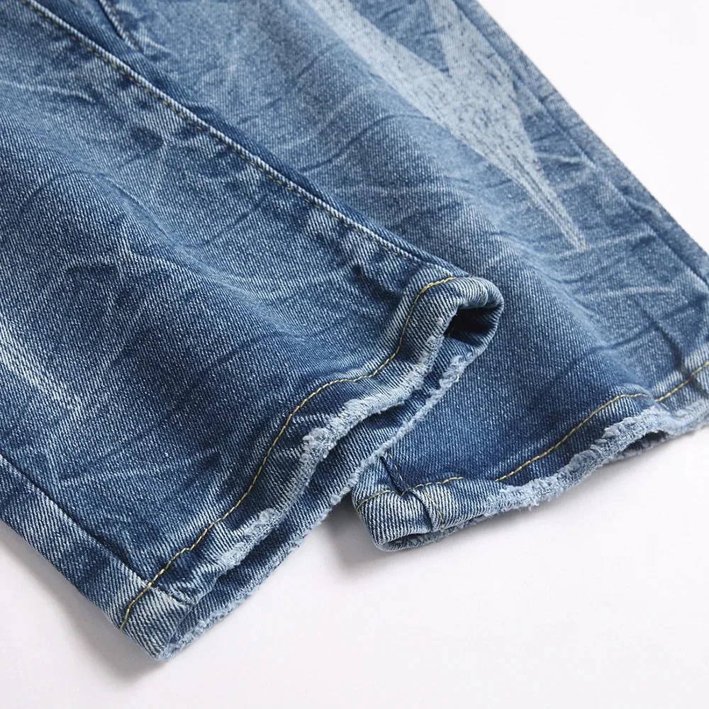 Men's Boot Cut Denim Jeans Streetwear Rivet Crystal Rhinestone Printed Pants Slim Flared Blue Stretch Trousers