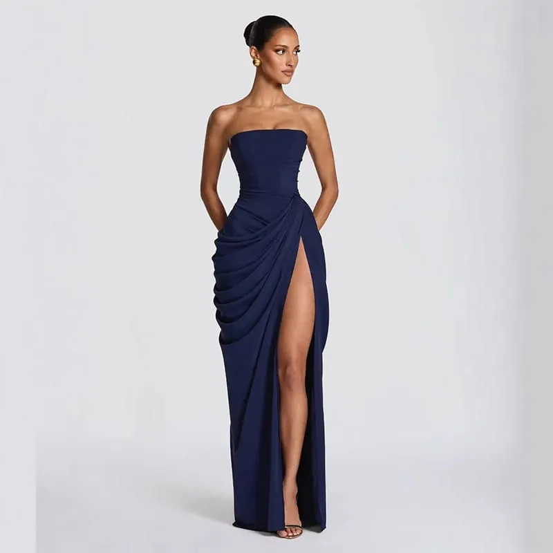 Sexy Solid Pleated Strapless Dress Lady Chic Off-shoulder Backless High Waist Split Dresses Women 2026 New Evening Party Gown — image 10