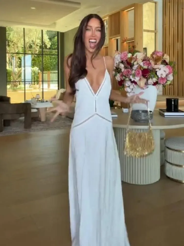 Elegant White Deep V Neck Spaghetti Strap Maxi Dress Women Waist Cutout A-Line Long Dress 2026 Summer Beach Vacation Party Robe