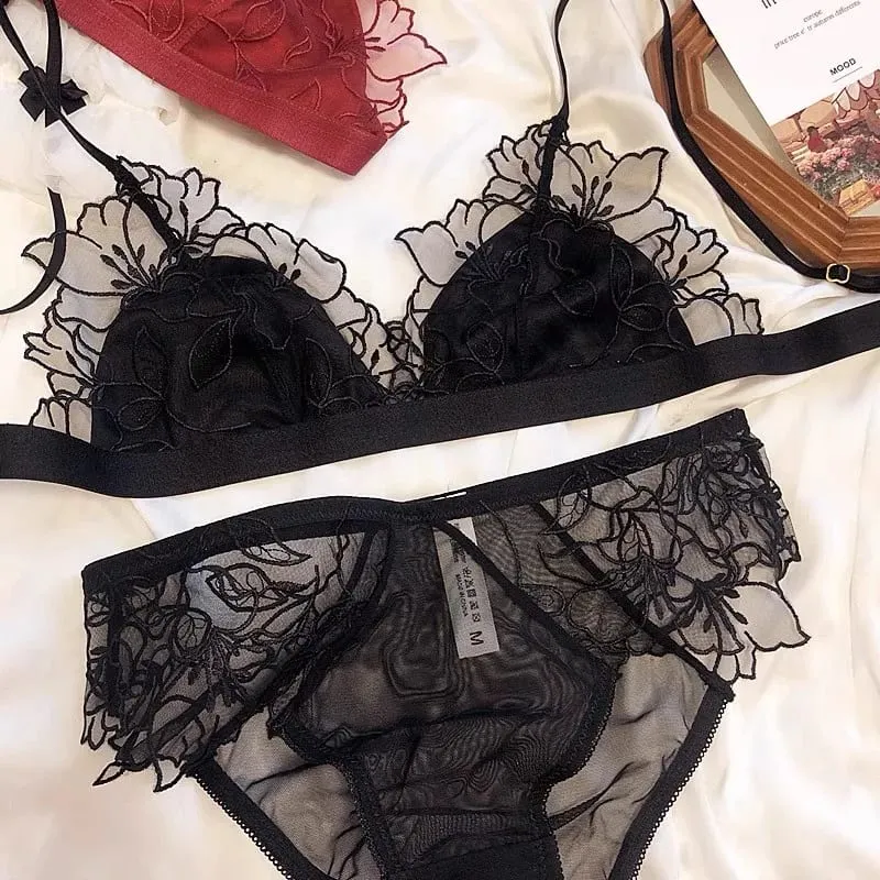 Women's French Embroidered Lace Bralette Set Ultra Thin Sexy Triangle Non Padded Wirefree Bra Small Chest Elegant Straps S-XL — image 4