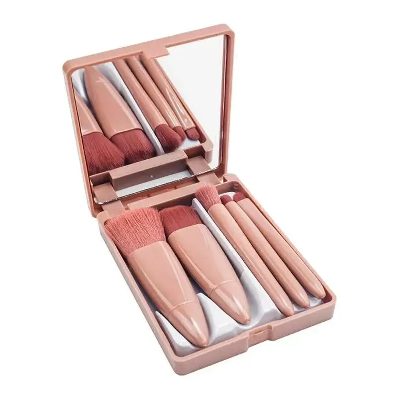 5Pcs Travel Makeup Brush Set Built-in Mirror Soft Fiber Portable Brushes Face Eye Lip Blending Daily Makeup Tools