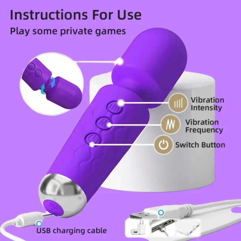 20 Speeds Magic Wand Vibrator G-Spot Clitoral Stimulator Rechargeable Waterproof Massager Sex Toy for Women