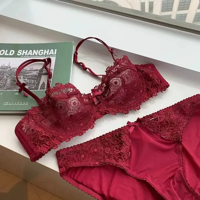 Sexy Lace Bra Set for Women Plus Size Half Cup Sheer Ultra Thin Nipple Concealed Erotic Lingerie Push Up Comfort Underwear Set — image 11