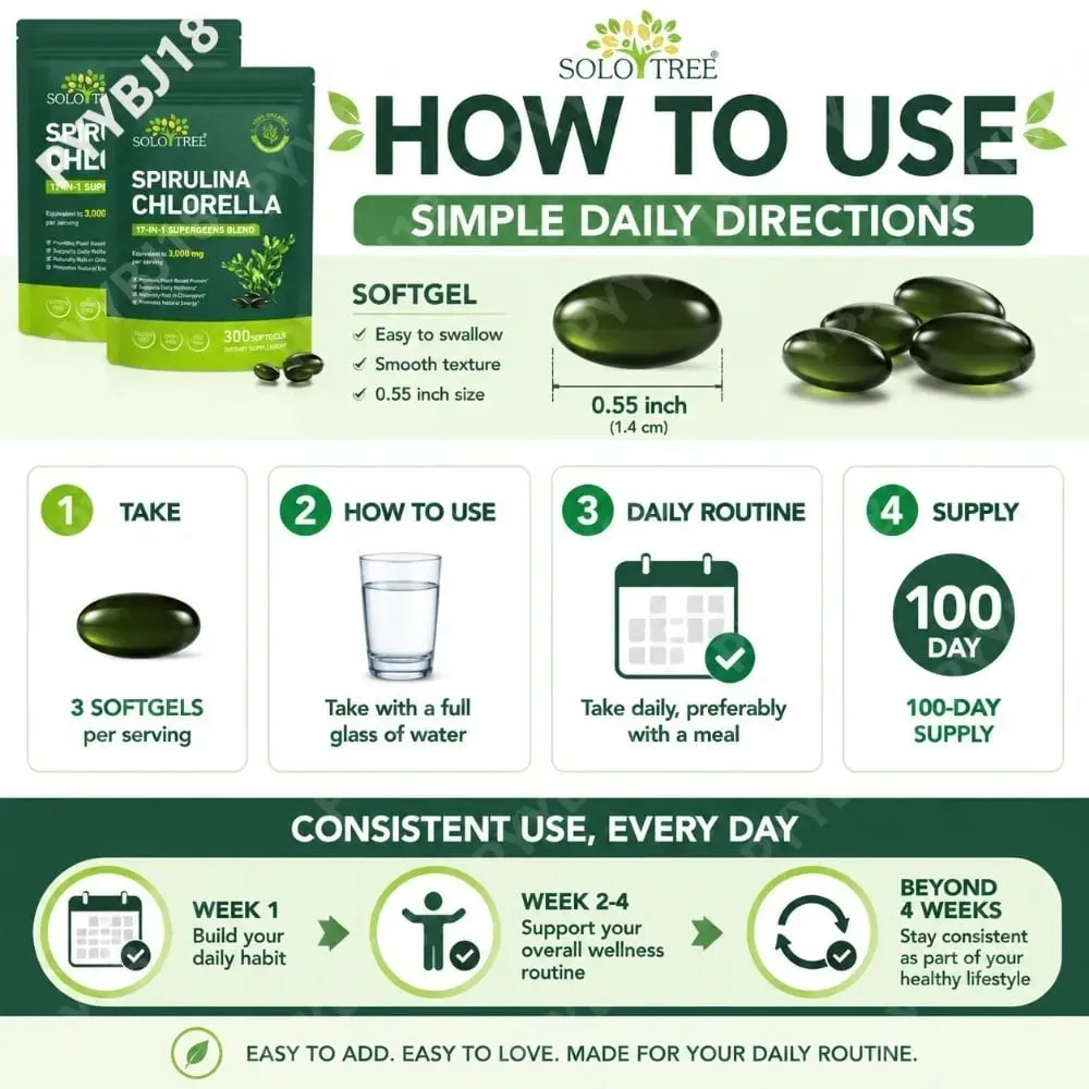 Gel Lembut Spirulina Chlorella Pokok Solo dengan Mikroalga Organik Vitamin B6 B12 Imbangan Penghadaman & Sokongan Imun 300 Gel Lembut
