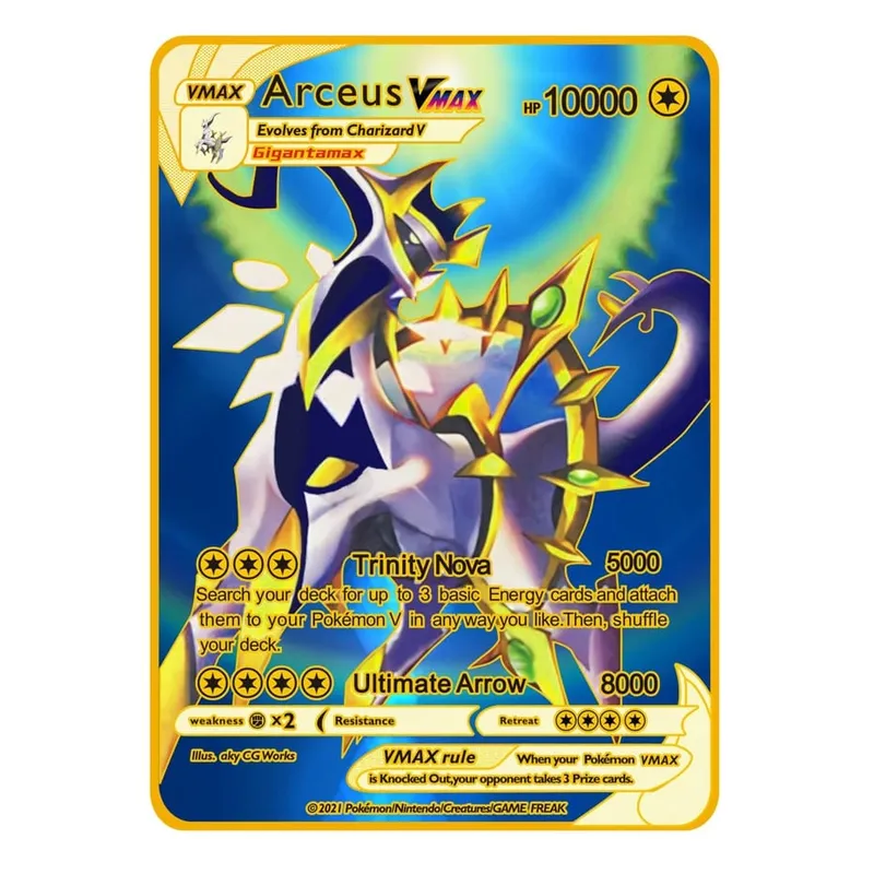 2026 NEW Pokemon Metal Card 10000 Points Arceus Charizard Super Card Golden English Mewtwo Vmax GX EX Anime Collection Card Gift