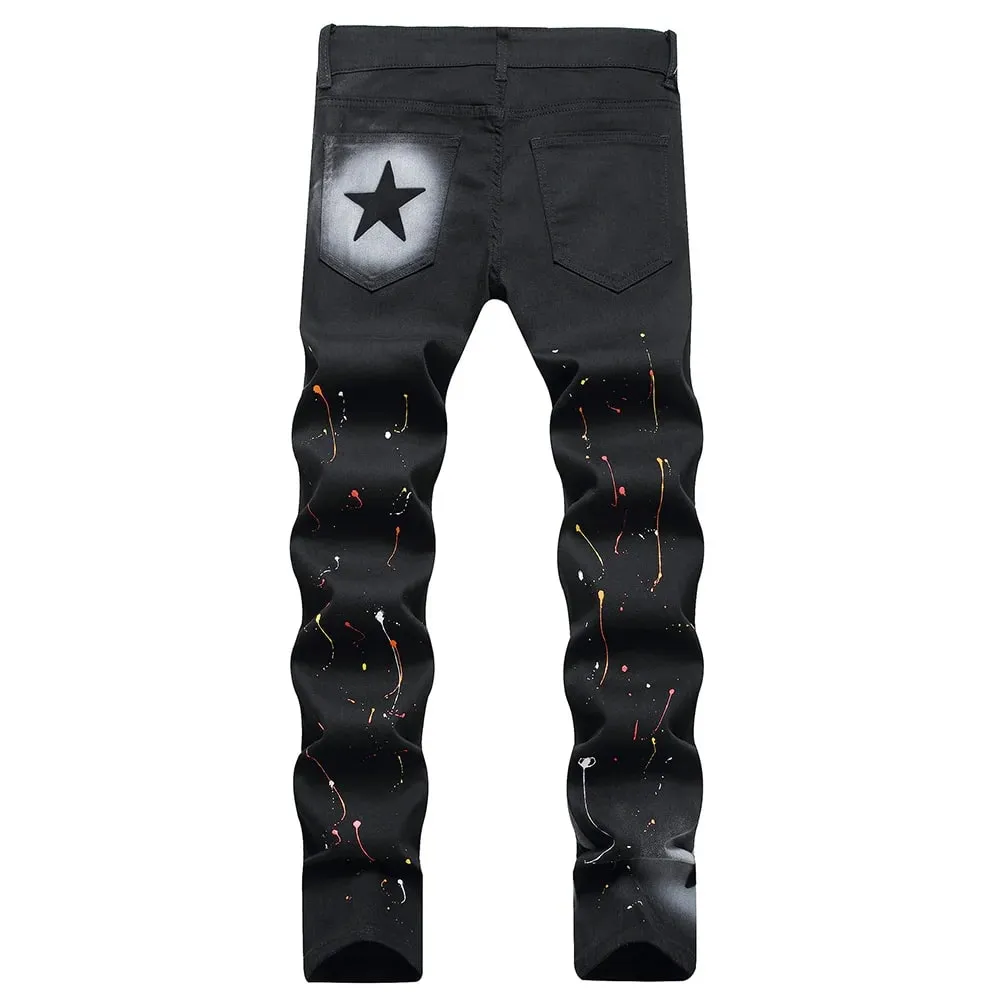 ผู้ชาย Star ทาสี DENIM กางเกงยีนส์ Casual Graffiti พิมพ์กางเกงตรงบางสีดำยืดผ้าฝ้ายกางเกงสแปนเด็กซ์