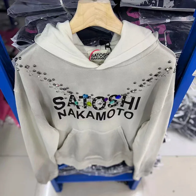 26SS Autumn Winter New Arrival Satoshi Nakamoto Hooded Sweatshirts Destructo Studded Washed Cotton Hooded Unisex Pullover — image 15