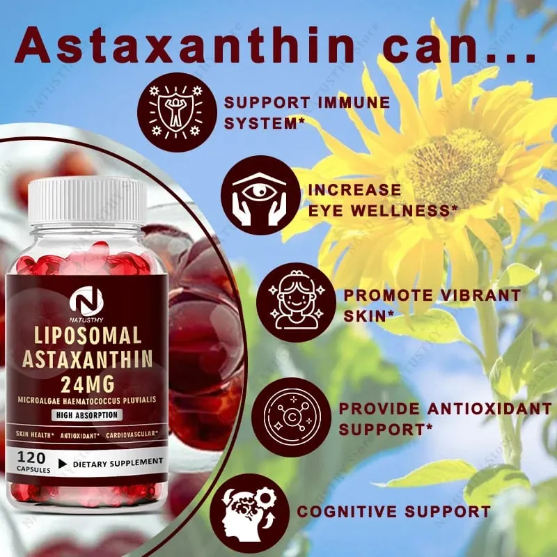 Liposomal Astaxanthin Capsules 24mg for Brain Heart Vitality Skin Joint Eye Immune Health