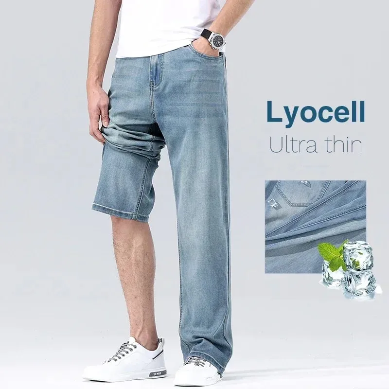 Men's Loose Jeans Summer Fashion Drape Soft Fabric Ultra Thin Pants Wide Legs Ice Silk Lyocell Business Straight Denim Trousers — image 3