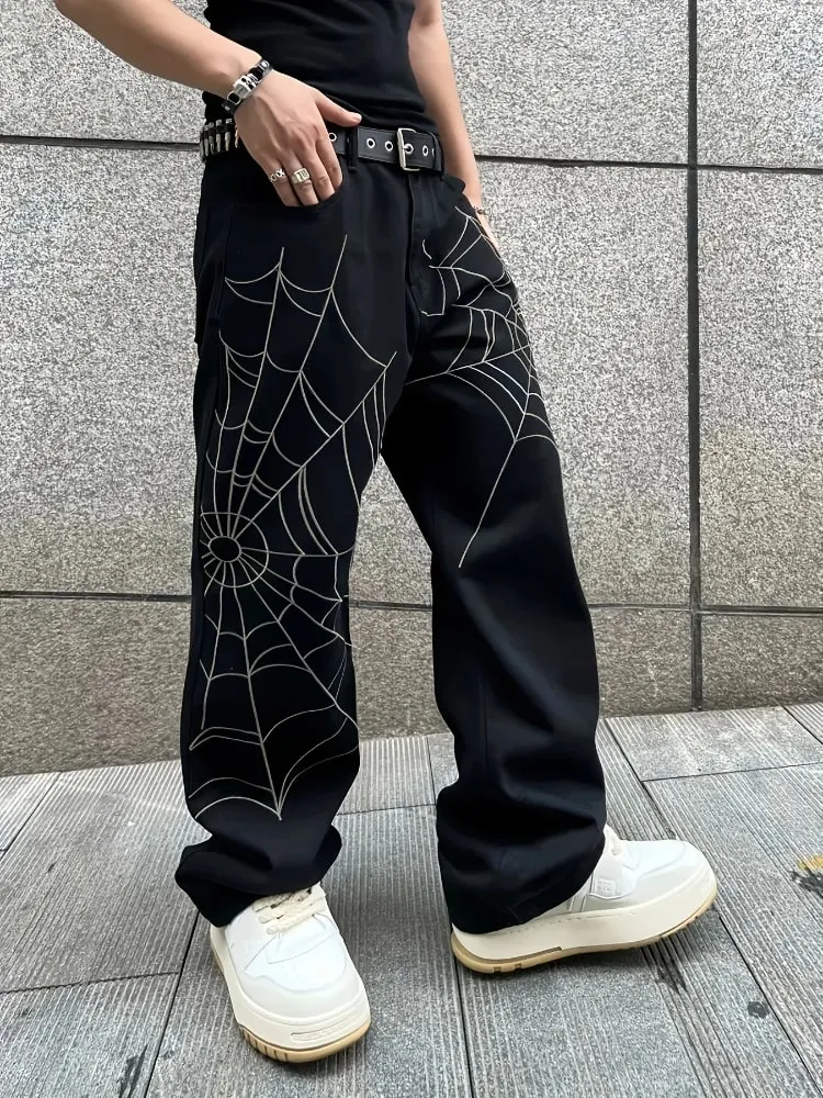 Men's Black Jeans Spider Web Printing Loose Wide Leg Casual Daily Trousers High Street Fashion Trendy Streetwear Denim Pants — image 10