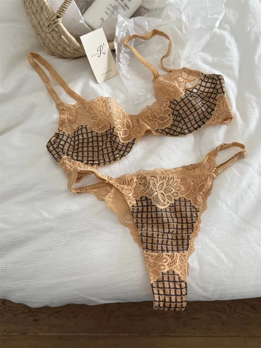 Bra lattice embroidery mesh underwear women small fresh top lingerie with panties support large breasts show small bra set