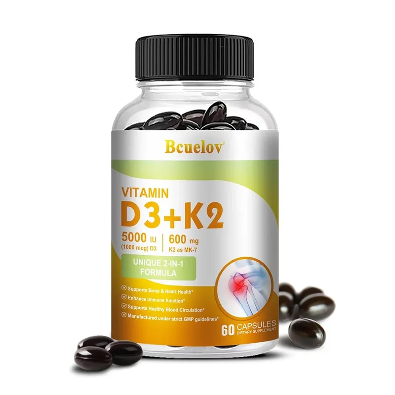 Bcuelov Vitamine D3+K2 5000 UI Formule de vitamine D3 sans OGM, complément alimentaire complexe de vitamines D et K facile à avaler