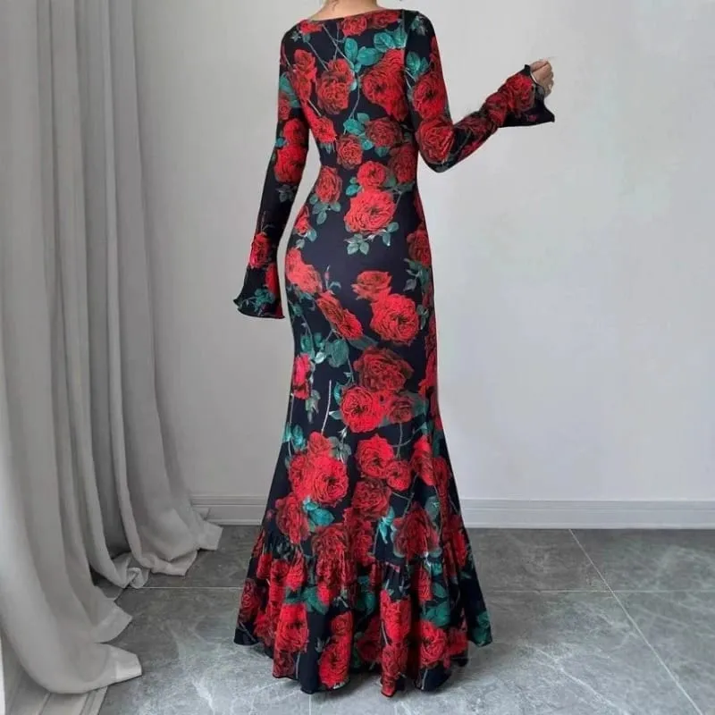Elegant Rose Printed Maxi Dress O Neck Long Sleeves Bodycon Fishtail Dress Figure Slim Rose Floral Pattern Adds Charm Long Dress — image 4