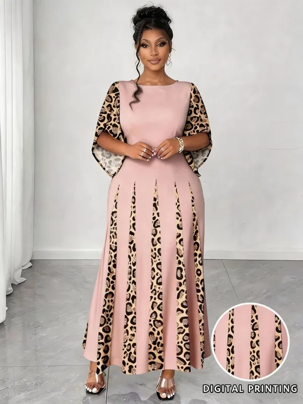 Elegant Leopard Print Maxi Dress Plus Size Fashionable Long Sleeve Gown Comfortable & Stylish Women's Clothing