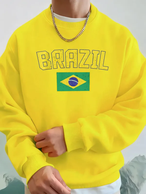 Brésil lettre et drapeau imprime homme poche Streetwear rue basique à capuche col rond Sport sweats polaire pulls à la mode