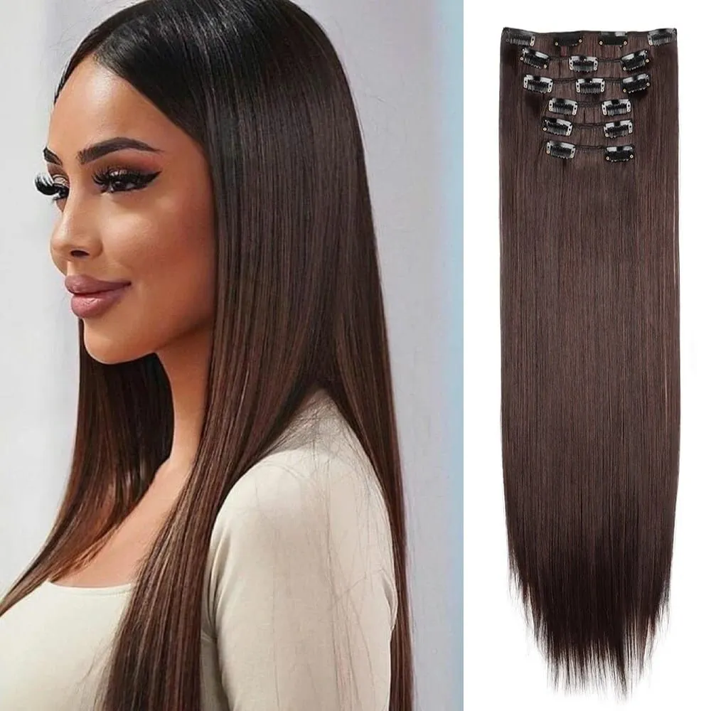 Black Hair Extensions 24"/60cm 6pcs/set Women Long Straight Synthetic Full Head Clip 16 Clips Ombre Heat Resistant Fiber Hair