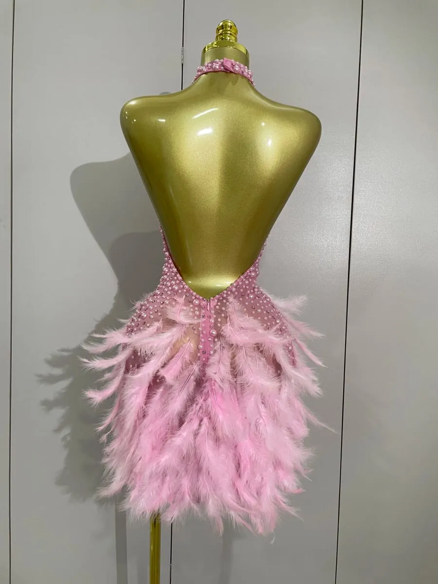Women Luxury Rhinestones Pearls Feathers Halter Backless Short Dress Women Sexy Celebrate Birthday Dress Nightclub Stage Costume