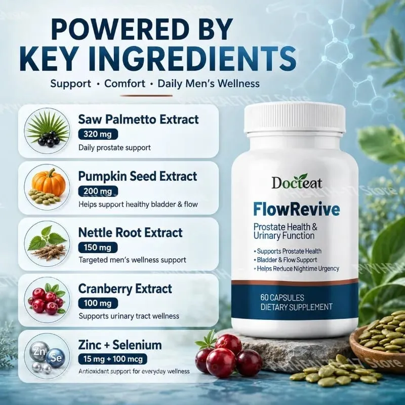 Docteat FlowRevive Prostate & Urinary Support Capsules with Saw Palmetto Pumpkin Seed and Pygeum Bark Extract - 60 Capsules
