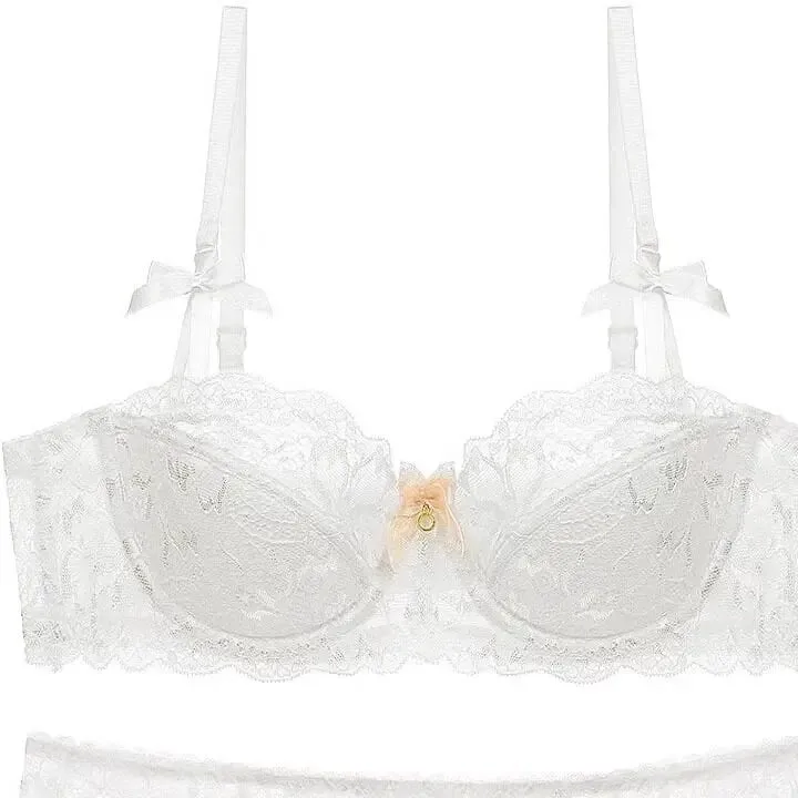 Best Sellers Women Sexy Lace Half Cup Bra Set Soft Underwire Gathered Thin Push Up Elegant Exquisite Lace Comfort Lingerie Set