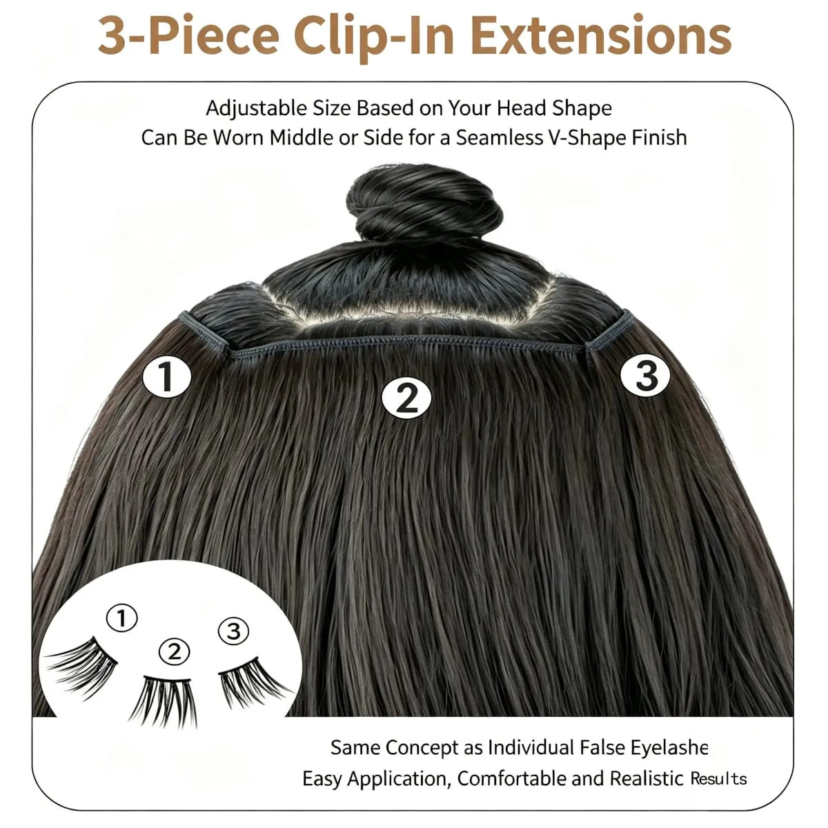 3 Pcs Black Synthetic Straight Hair Extensions Invisible Seamless Clip on Breathable Mesh Elastic BB Straight Hair Pieces