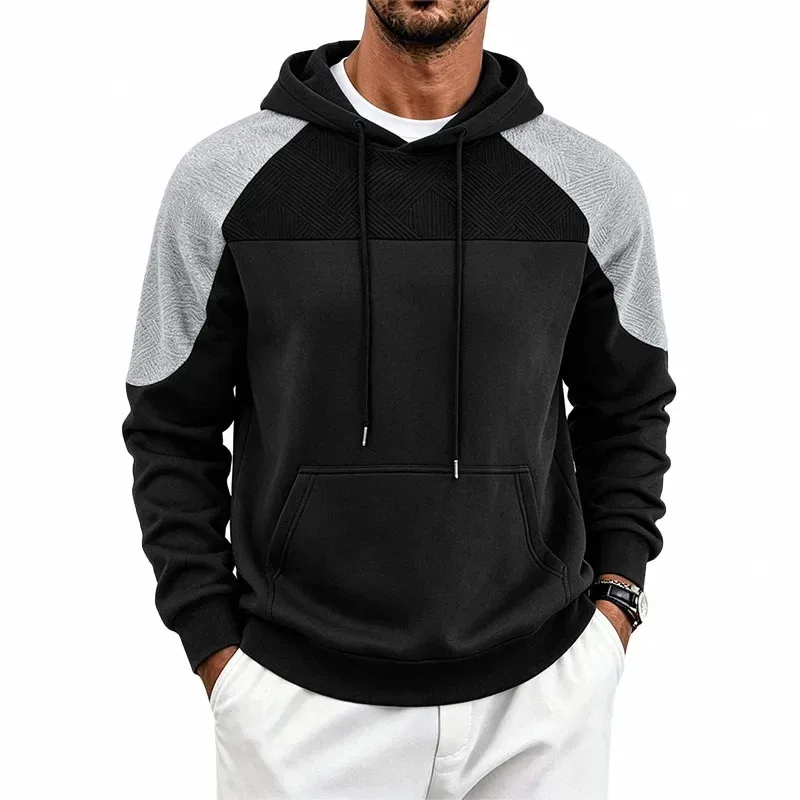 Autumn Winter Men Color Block Raglan Hoodie Textured Chest Panel Drawstring Kangaroo Pocket Loose Casual Streetwear Sweatshirt