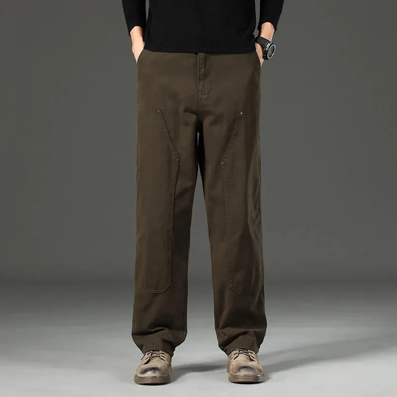 High Quality Spring New Style Straight Loose Men's Casual Pants Rivet Splicing Safari Style Cotton Trousers Army Green Jeans — image 10