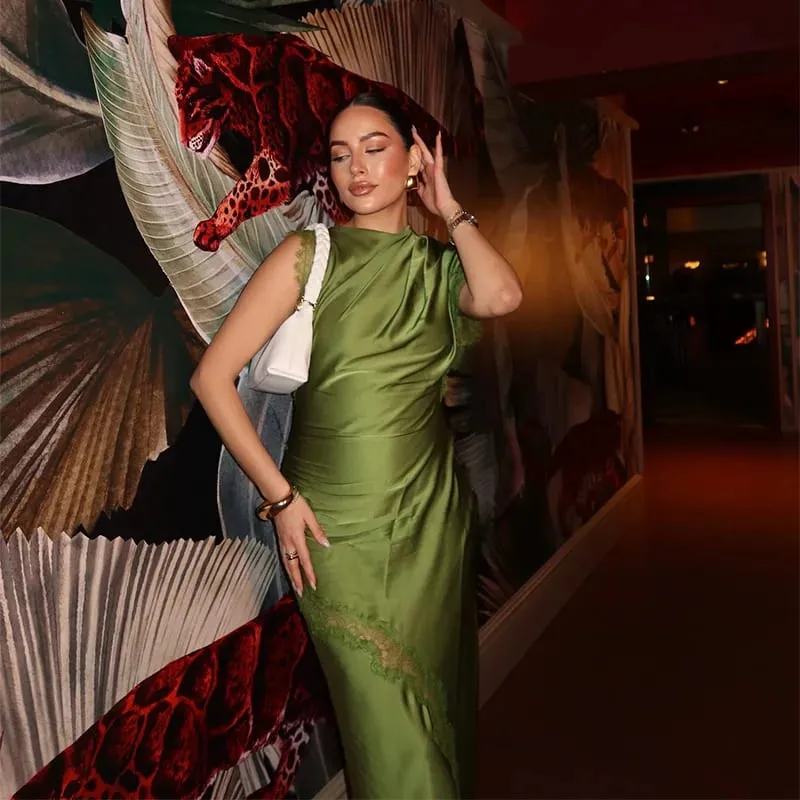 2026 Luxury Olive Green Satin Maxi Dress Women Elegant Shawl Design Lace Trim Asymmetrical Hem Ruched Bodycon Formal Dinner Gown