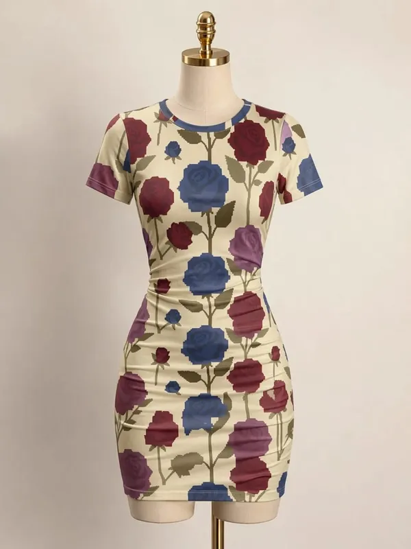 Womens Short Sleeve Bodycon Mini Dress Slim Fit Crew Neck Floral Print Casual Summer Party Cute Stretch Modern Vacation Sundress — image 9