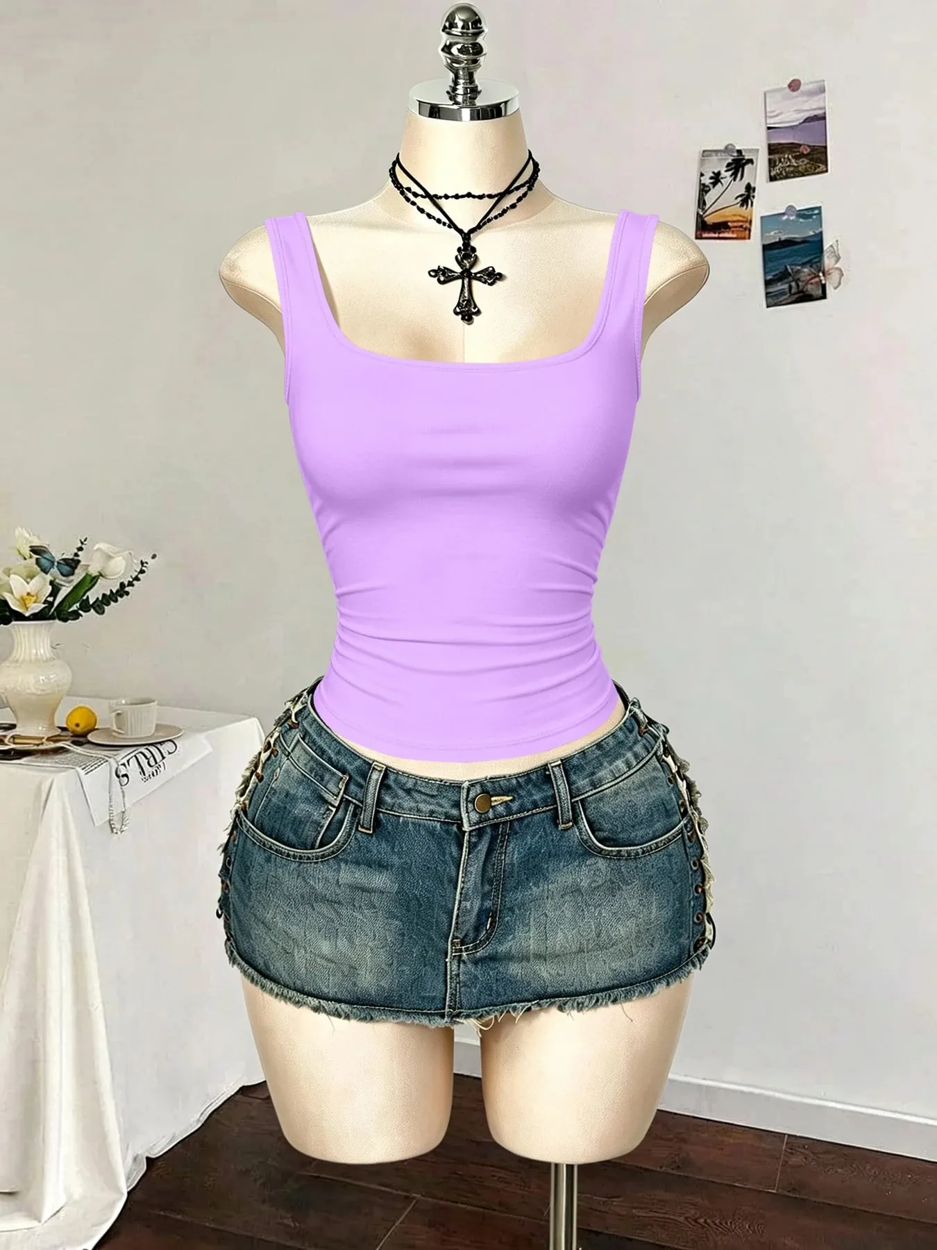 Women Square Neck Wide Strap Ribbed Tank Top Sleeveless Fitted Slim Casual Cami Top