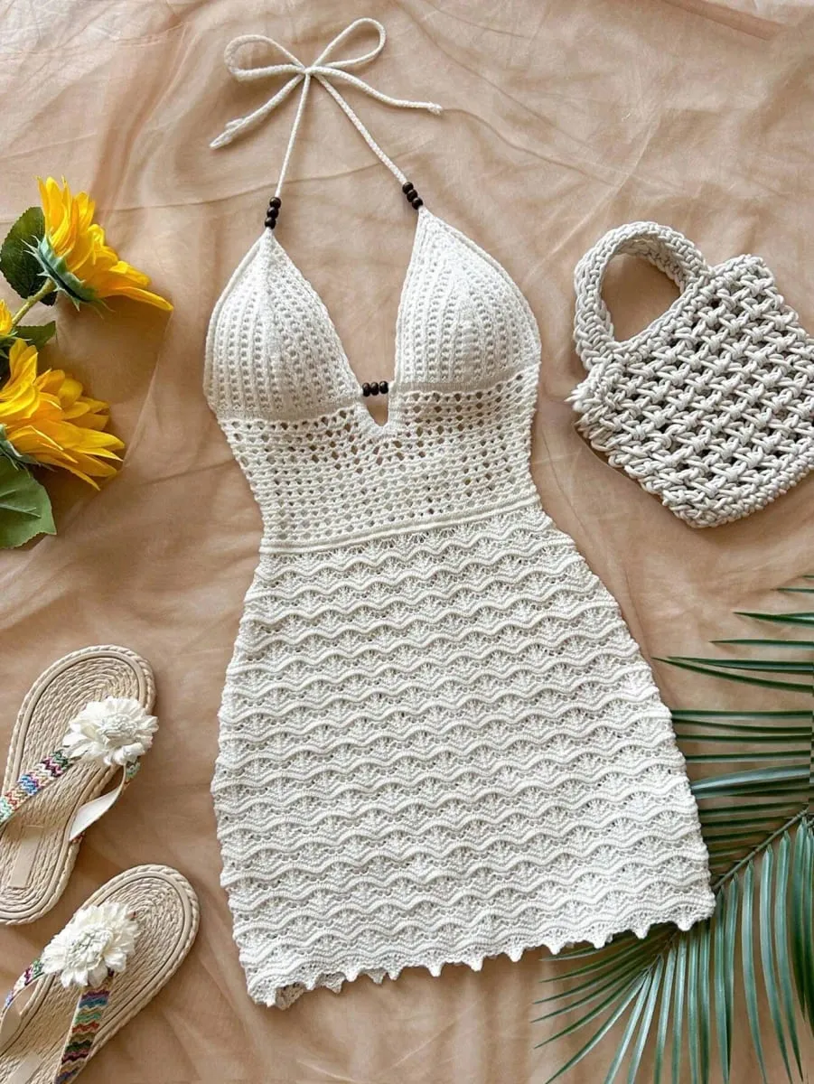 Women's White Crochet Halter Neck Sleeveless Dress — image 5