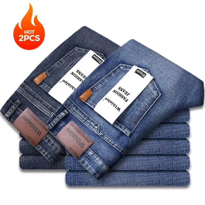 2-piece Set 2025 New WhinLEE Black and Blue Business Elite Jeans Micro Elastic Straightleg Multicraft High-quality Denim Pants