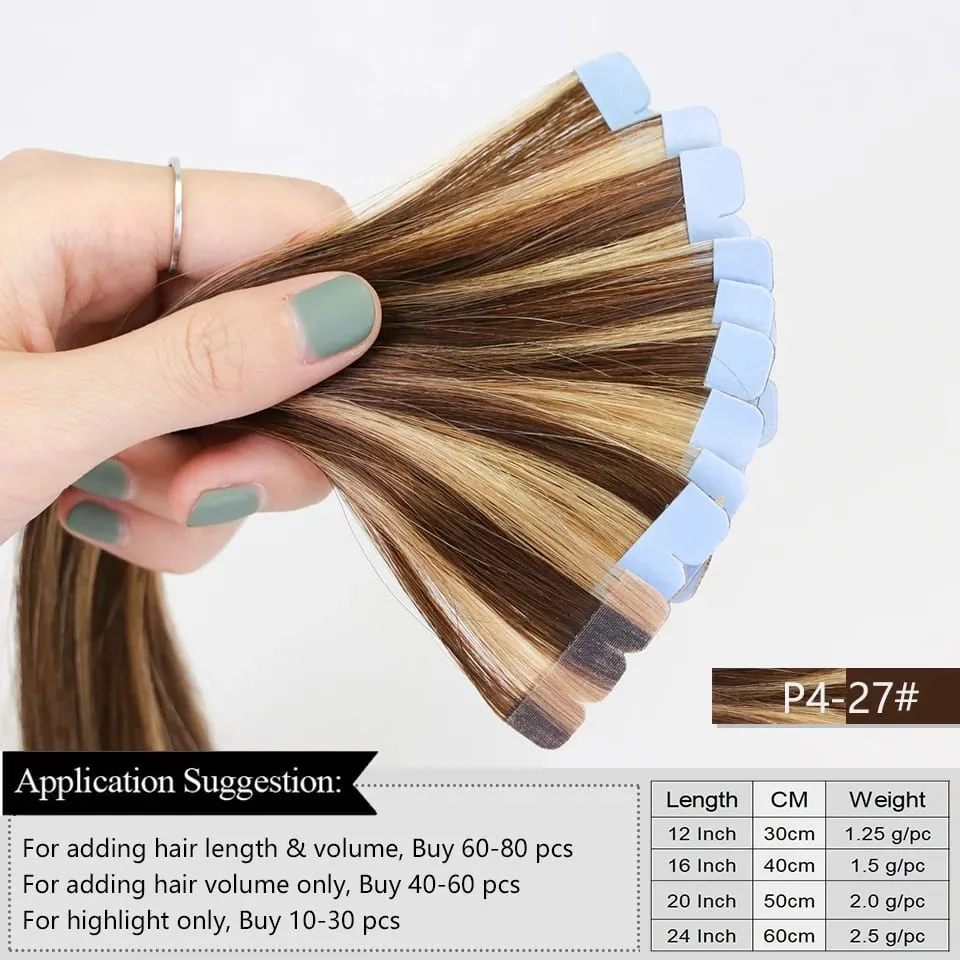 Mini Tape Hair Extensions 12-24 Inch Human Hair Extensions 3x0.8cm Invisible Tape 10pcs per Pack for Side Machine-Remy Hair