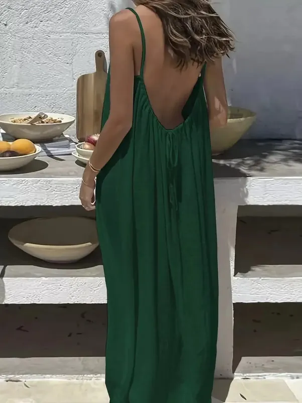 2026 New European & American Cross‑border Women’s Wear Solid Color Loose Casual Versatile Slip Backless Maxi Dress