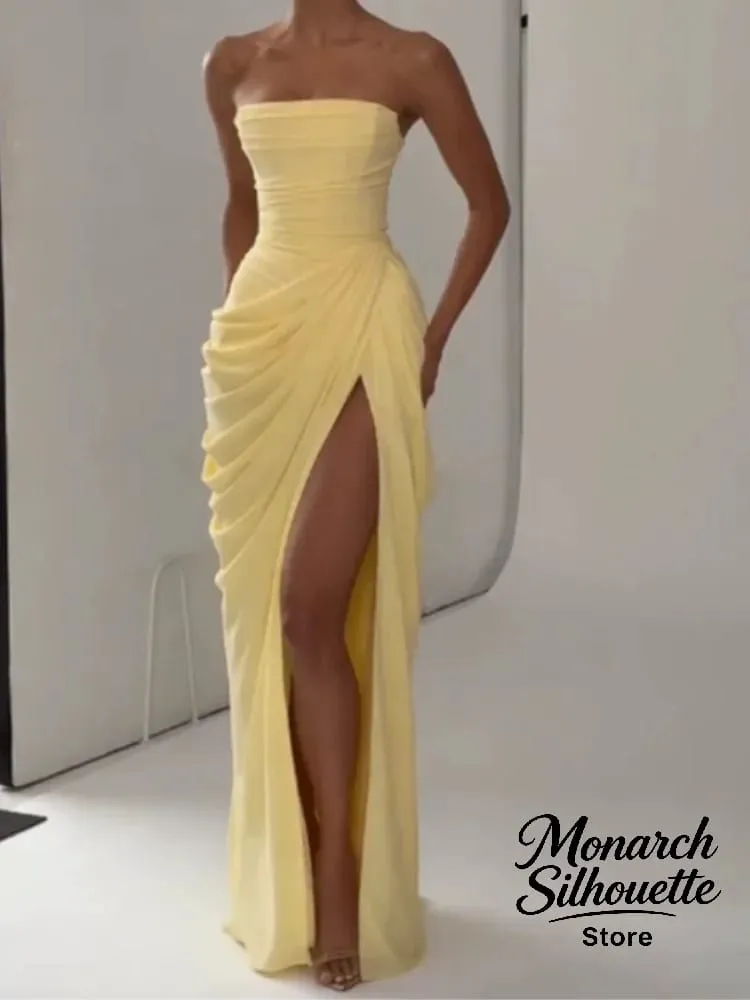 Elegant Yellow Strapless Pleated Long Dress Women Chic Solid Sleeveless Waist Cinching Split Gown 2026 Lady Evening Party Robes