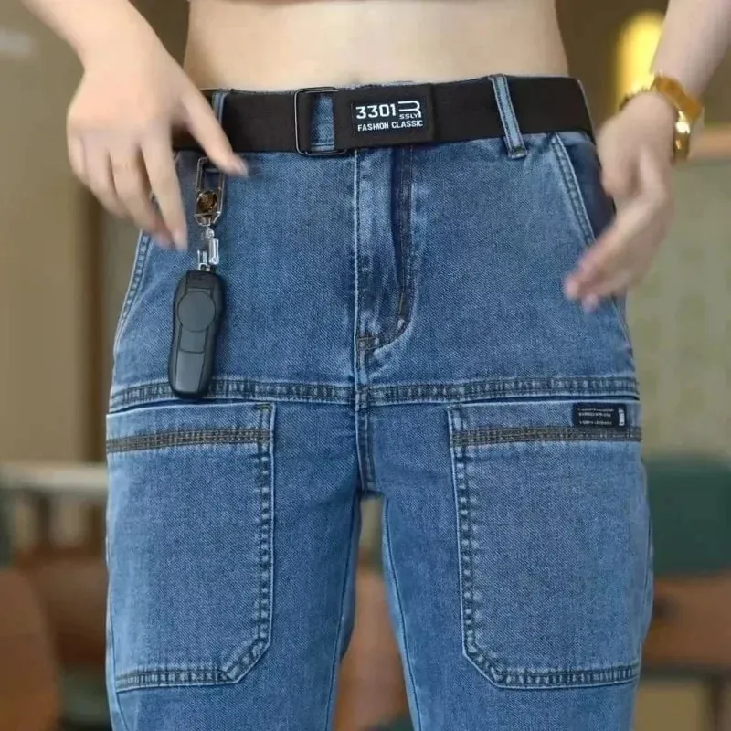 Spring Summer Thin Six Pocket Men's Jeans Elastic Straight Leg Casual Slim Fit Jeans Versatile Multi-Pocket Long Y2K Denim Pants — image 10